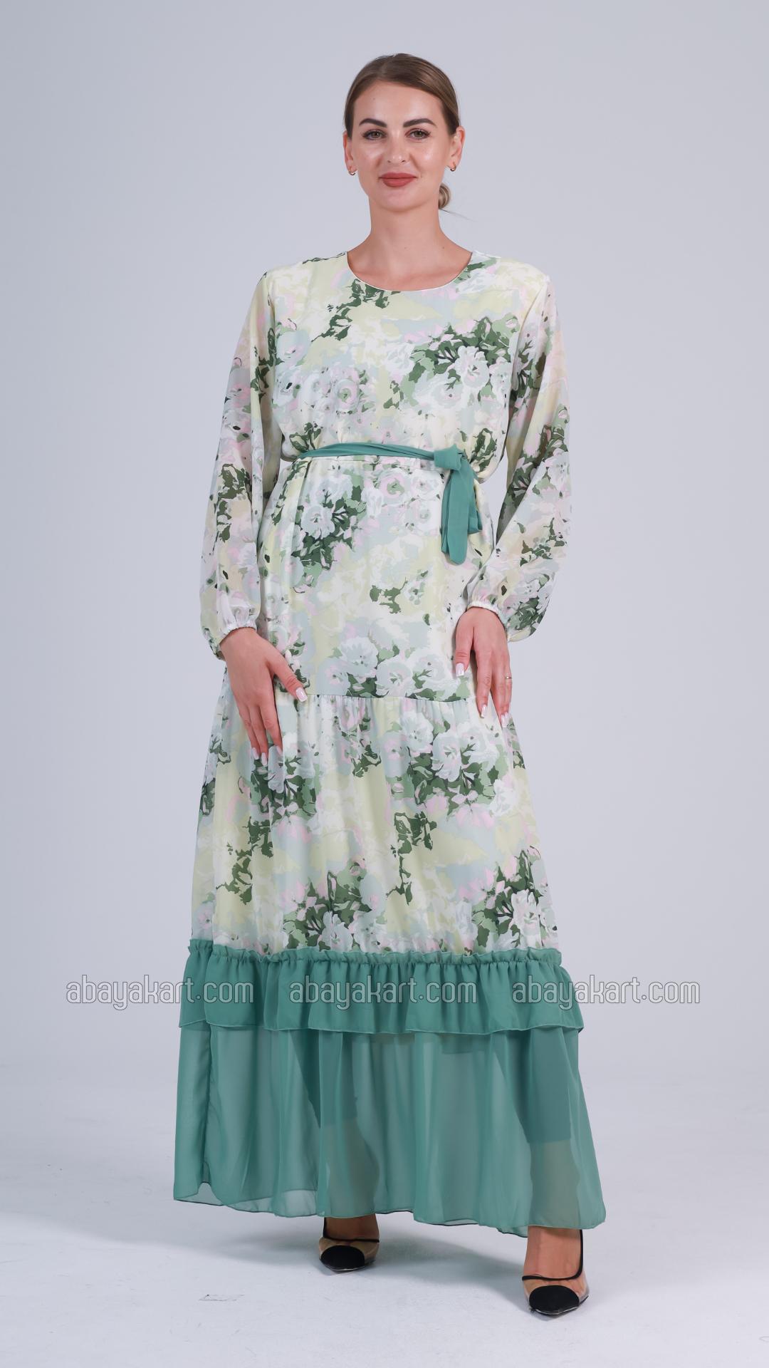 Bulk Zora FloralPrinted Modest Dress with a Belt