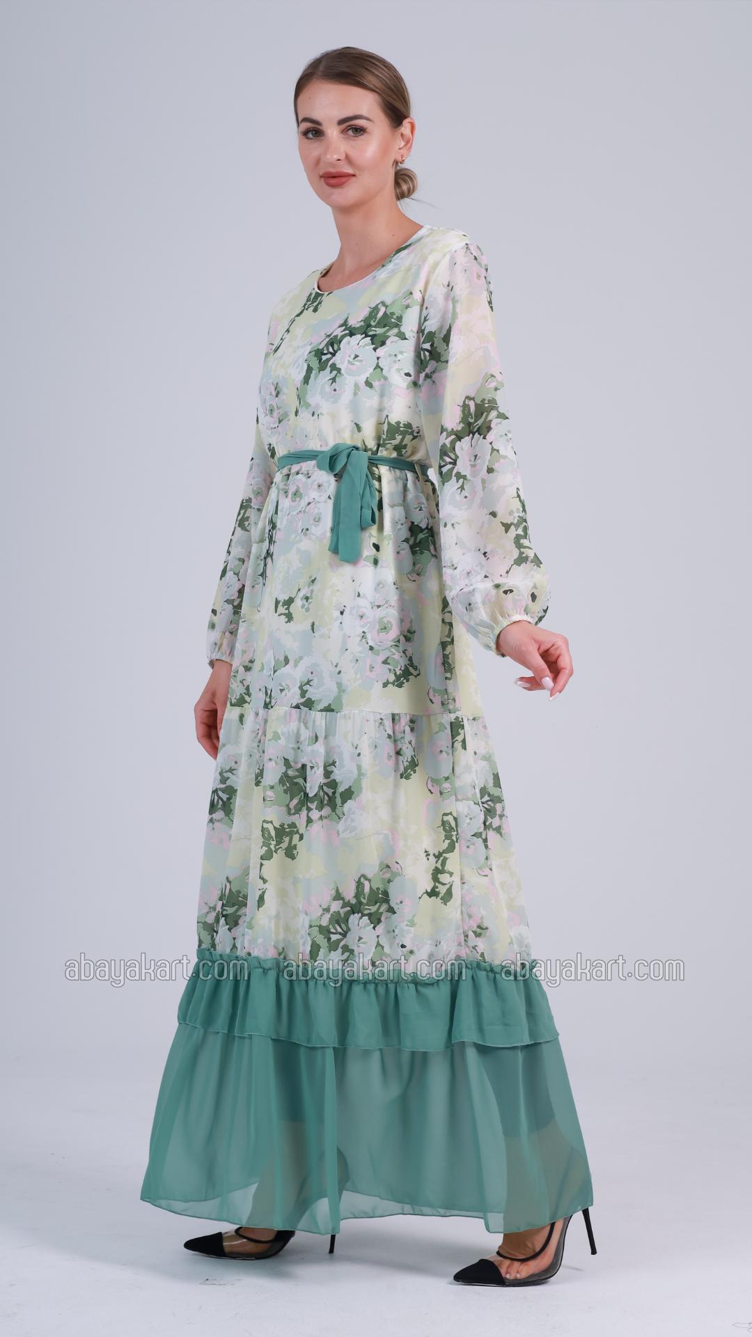 Bulk Zora FloralPrinted Modest Dress with a Belt