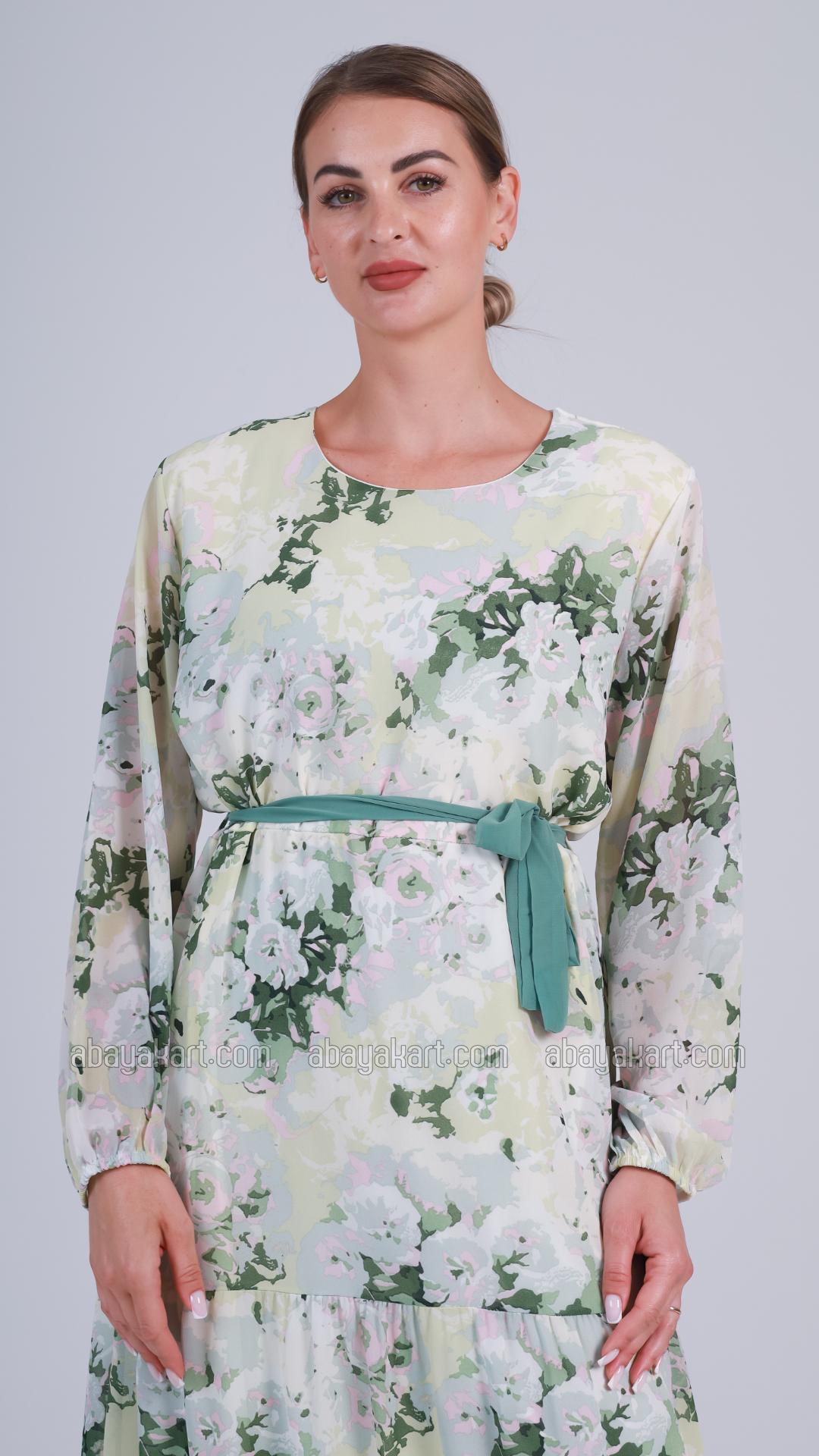 Bulk Zora FloralPrinted Modest Dress with a Belt