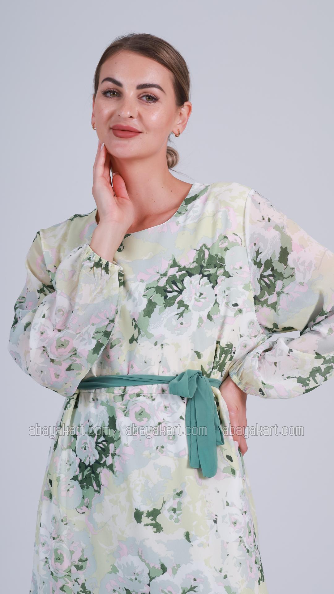 Bulk Zora FloralPrinted Modest Dress with a Belt