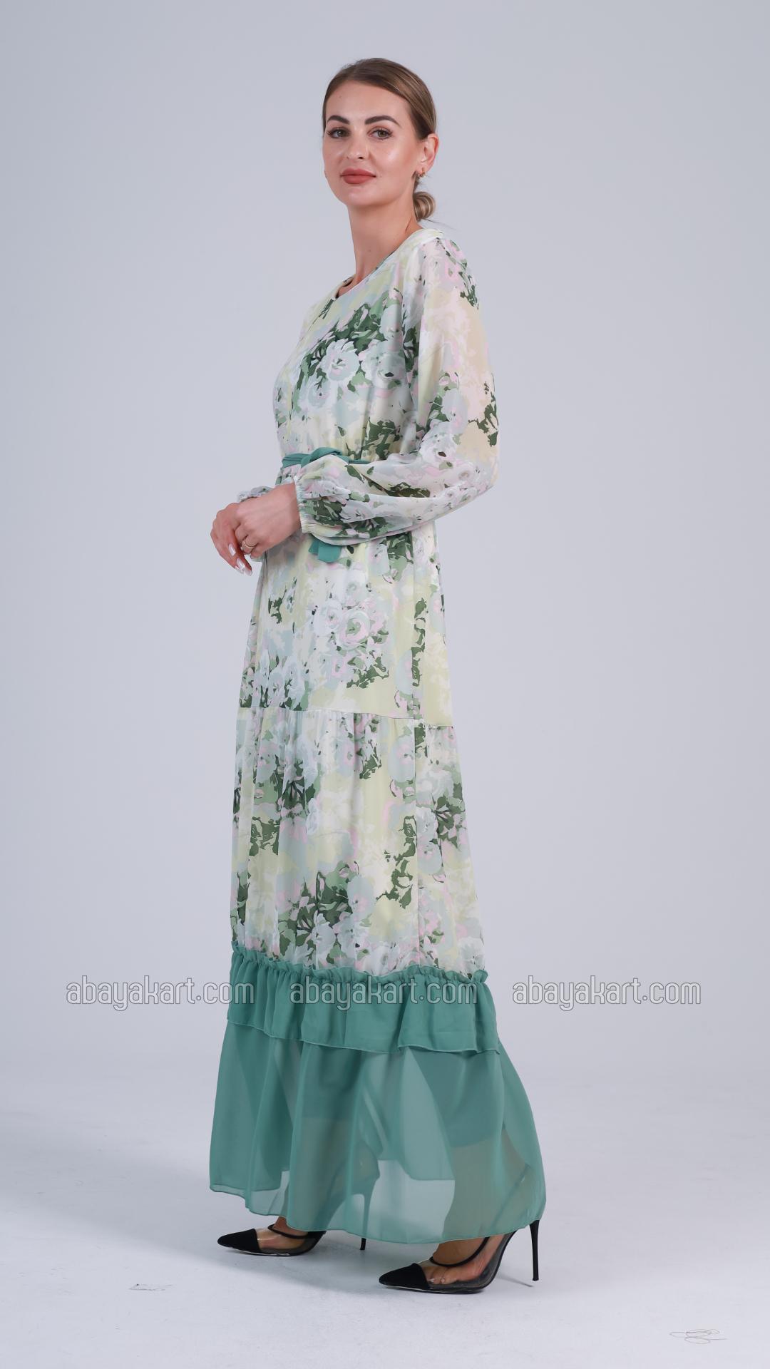 Bulk Zora FloralPrinted Modest Dress with a Belt