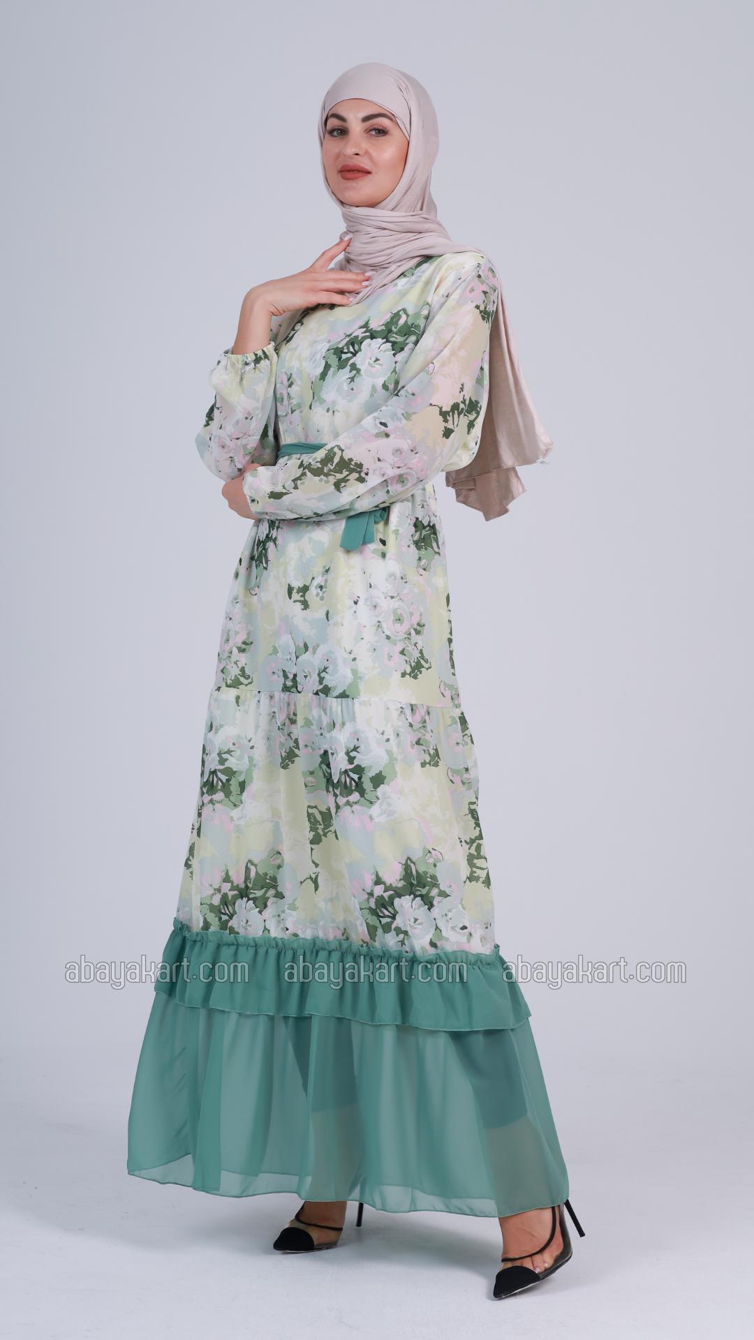 Bulk Zora FloralPrinted Modest Dress with a Belt