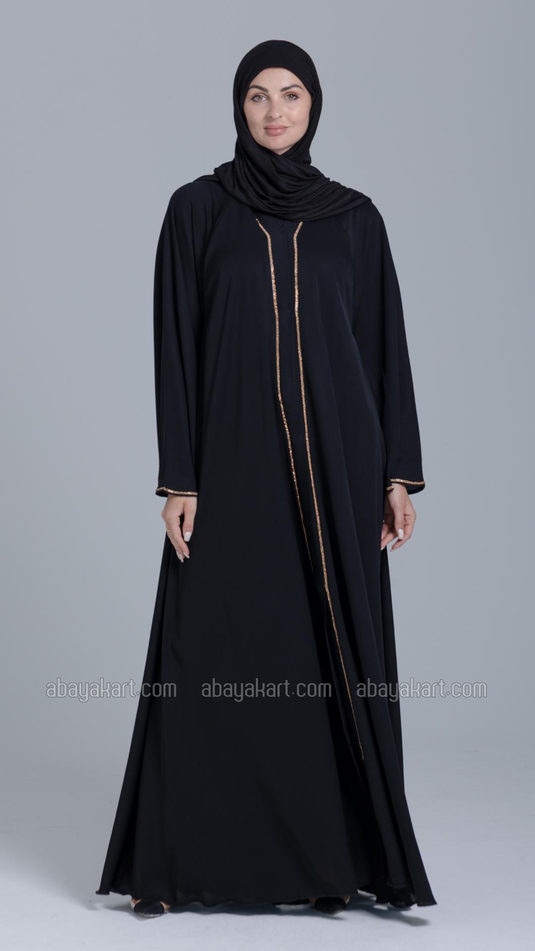Bulk Black FrontOpen Abaya with Stone Lacework