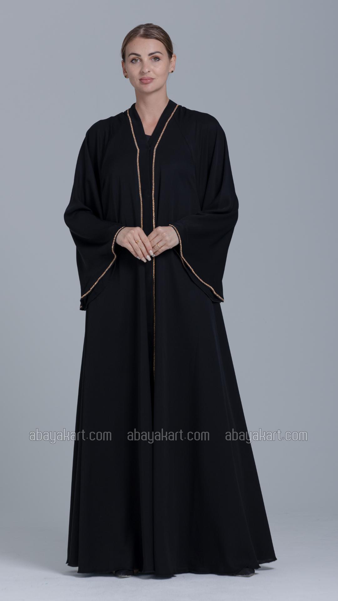 Bulk Black FrontOpen Abaya with Stone Lacework