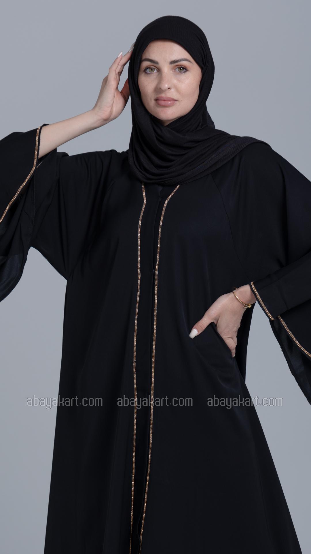Bulk Black FrontOpen Abaya with Stone Lacework