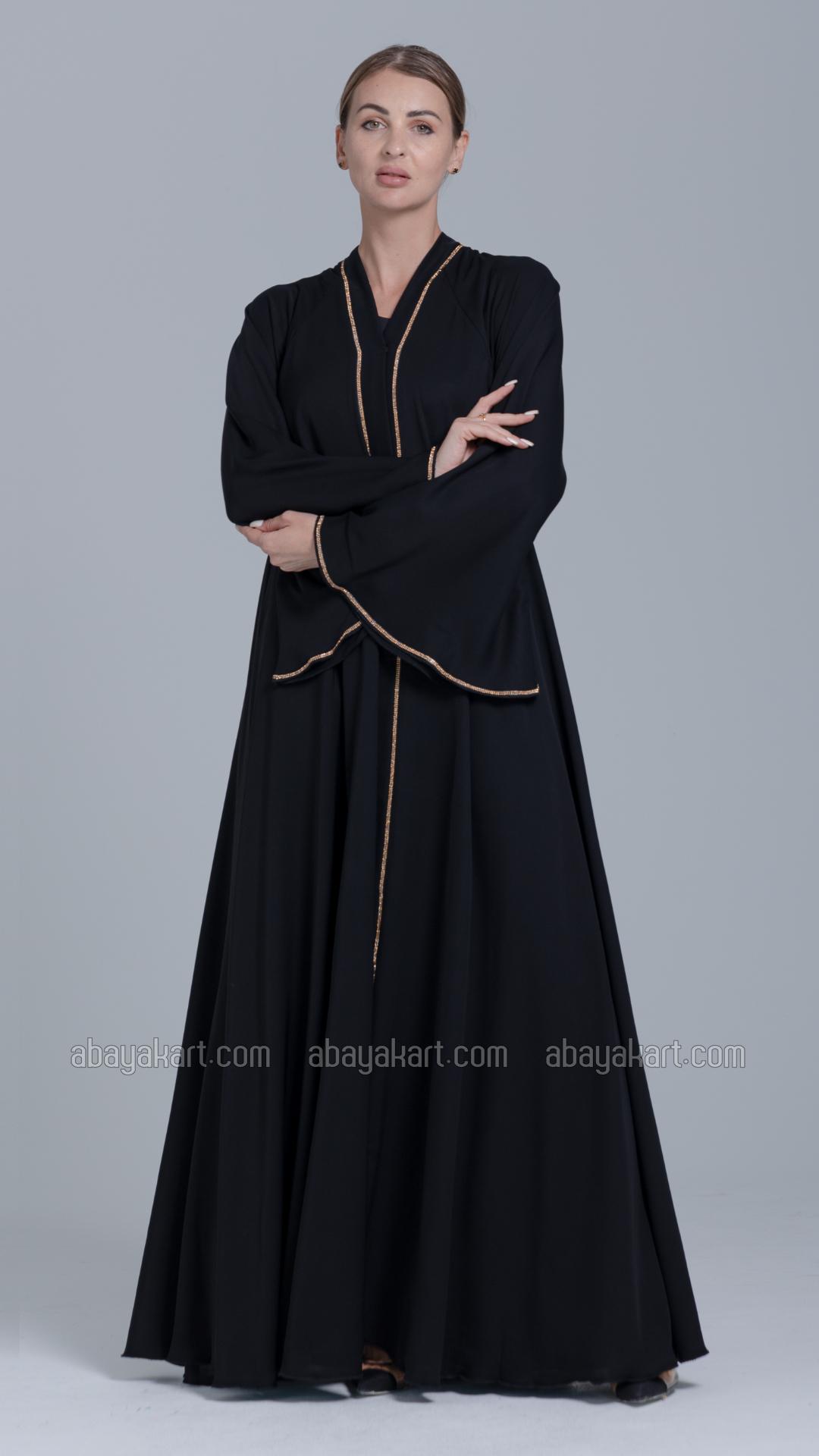 Bulk Black FrontOpen Abaya with Stone Lacework