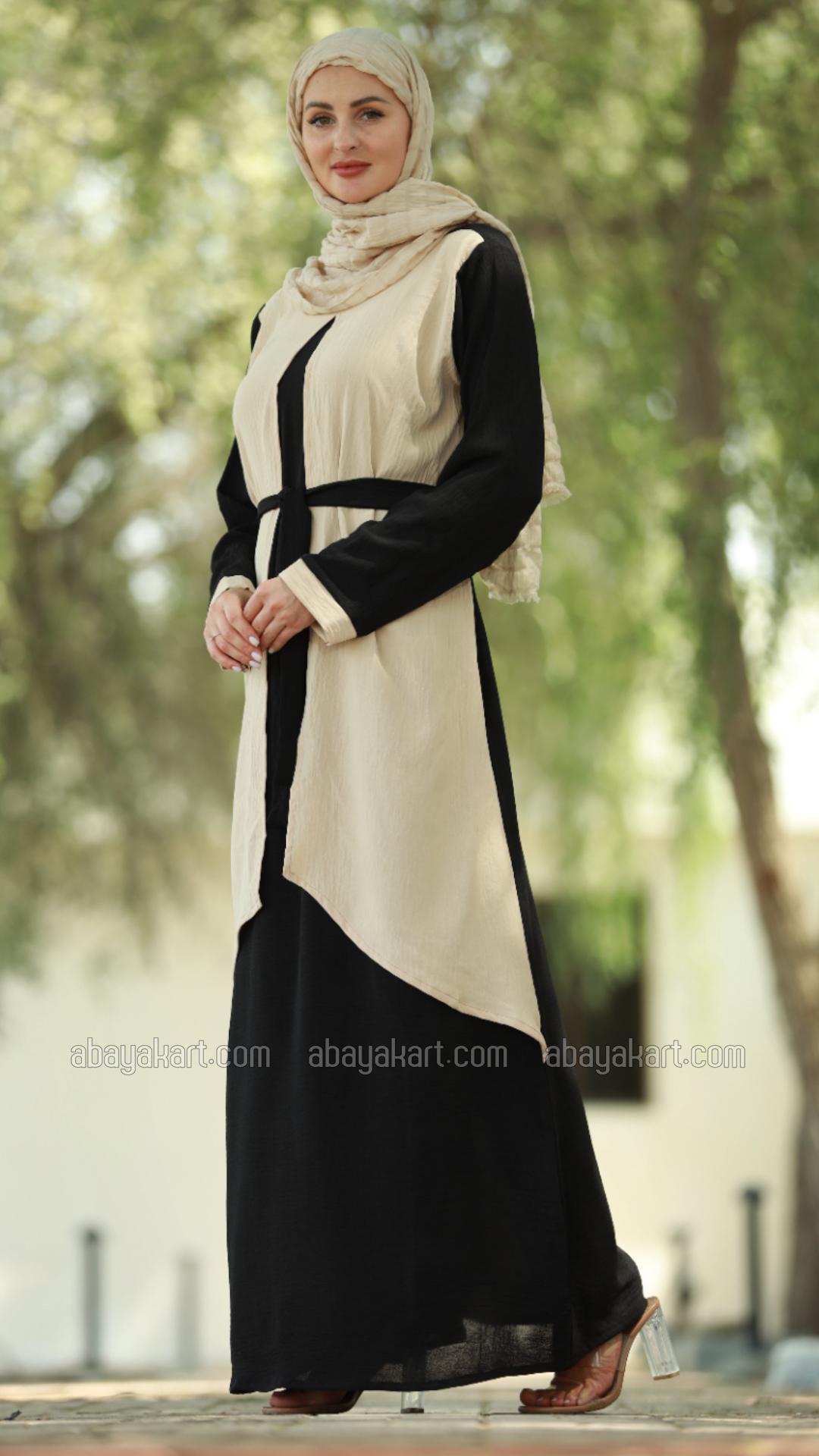 Bulk Modest Dress with an Attached Shrug and a Belt in Cream and Black