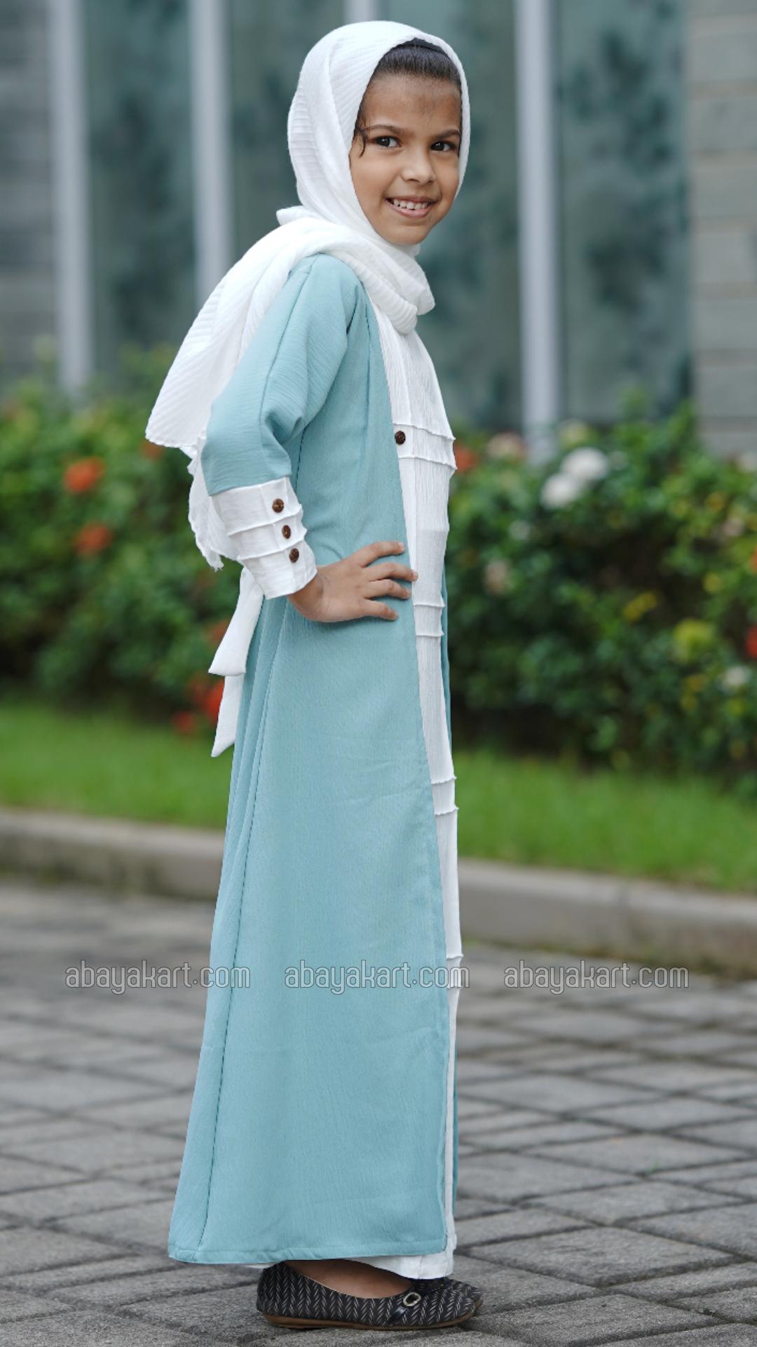 Bulk CEY Kids Modest Dress with a Shrug and Show Buttons in Turquoise and OffWhite