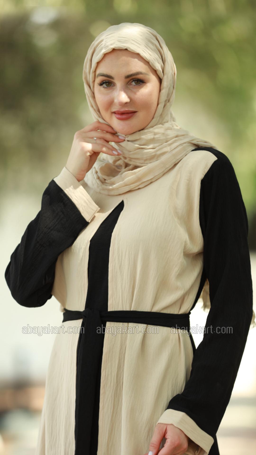 Bulk Modest Dress with an Attached Shrug and a Belt in Cream and Black