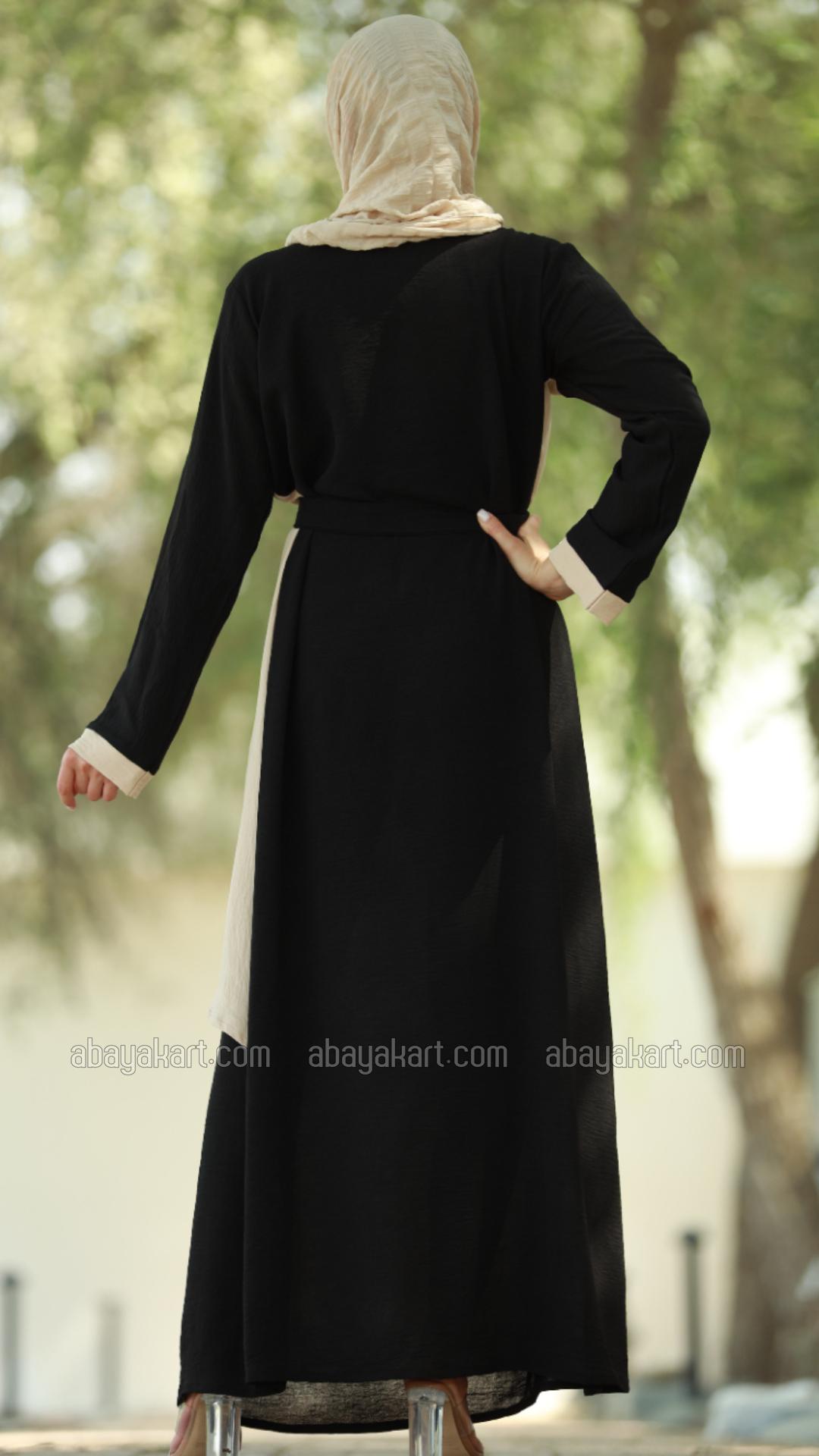 Bulk Modest Dress with an Attached Shrug and a Belt in Cream and Black