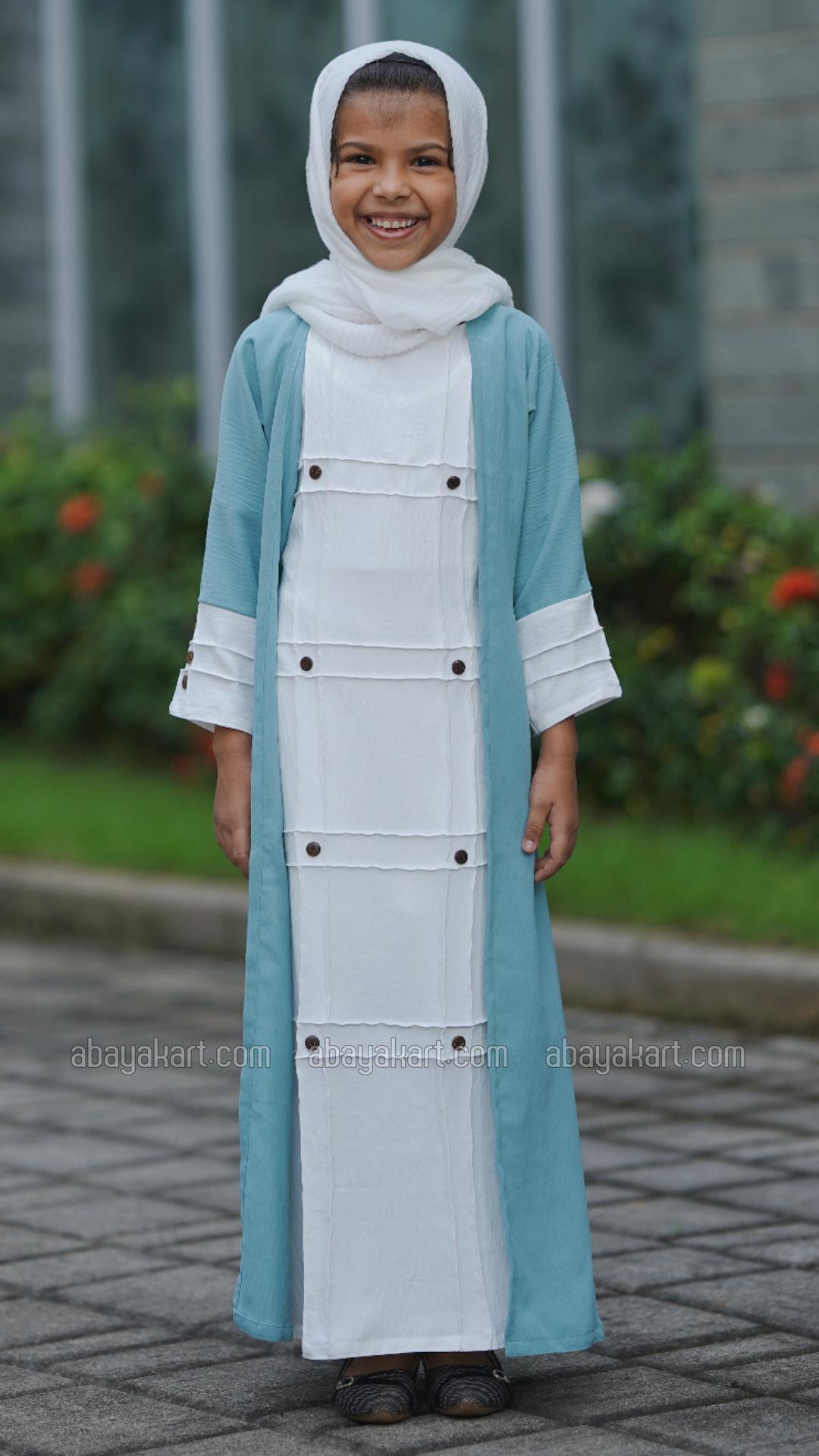 Bulk CEY Kids Modest Dress with a Shrug and Show Buttons in Turquoise and OffWhite