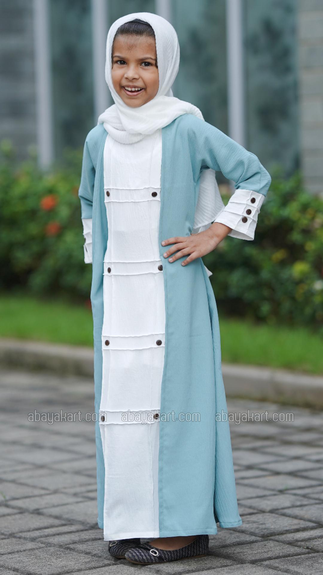 Bulk CEY Kids Modest Dress with a Shrug and Show Buttons in Turquoise and OffWhite