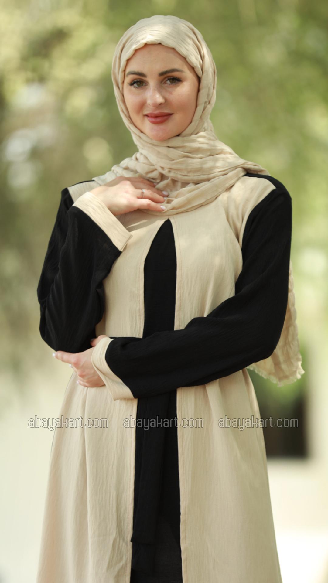 Bulk Modest Dress with an Attached Shrug and a Belt in Cream and Black
