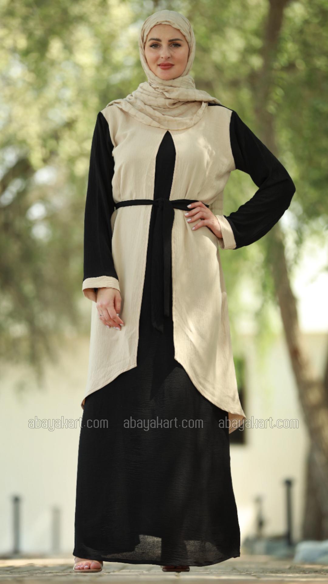 Bulk Modest Dress with an Attached Shrug and a Belt in Cream and Black