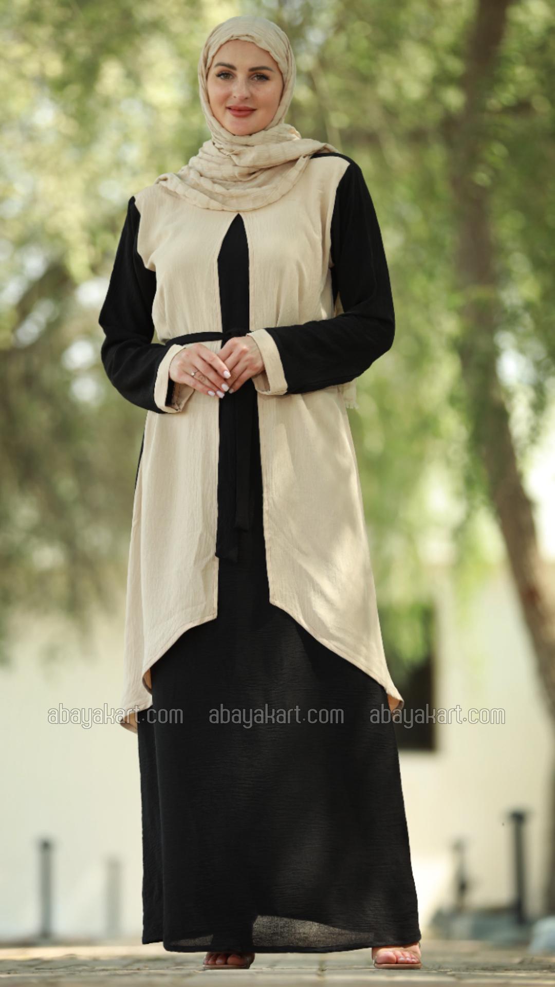Bulk Modest Dress with an Attached Shrug and a Belt in Cream and Black