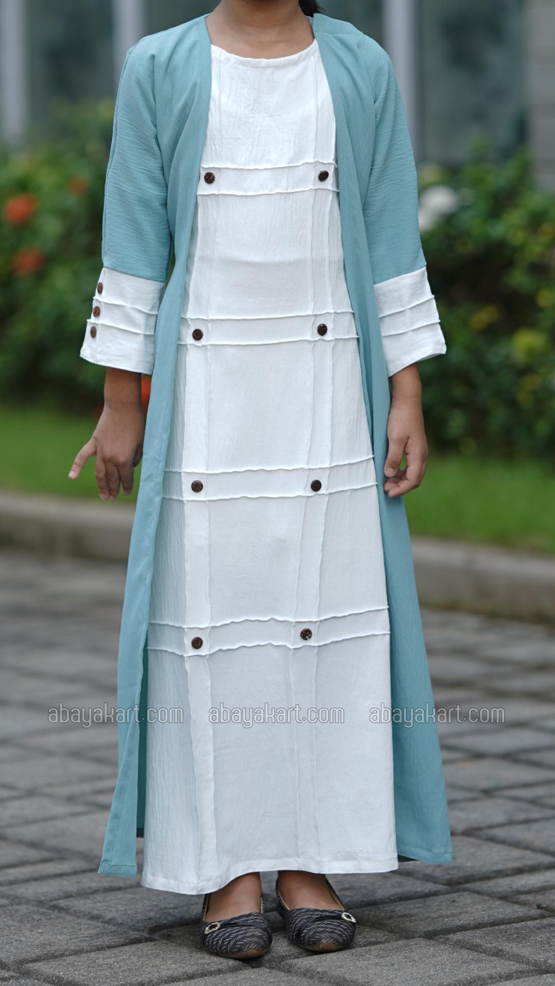 Bulk CEY Kids Modest Dress with a Shrug and Show Buttons in Turquoise and OffWhite