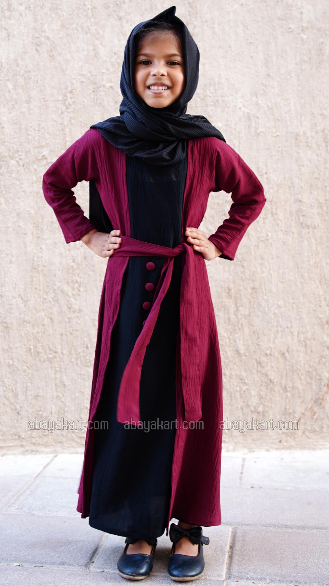 Bulk Kids Shrug Abaya with Show Buttons on the front in Maroon and Black