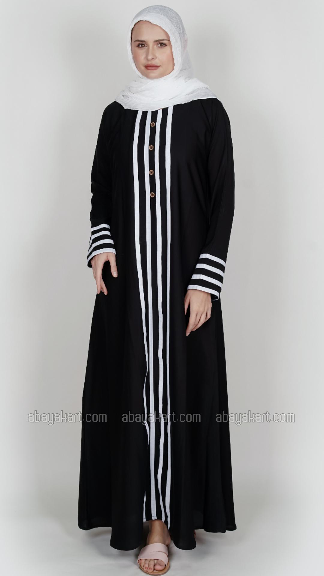 Bulk Nida Matte Abaya With White Band And Show Buttons In Black