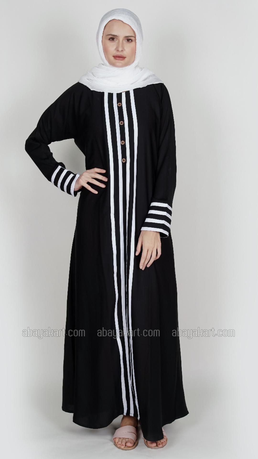 Bulk Nida Matte Abaya With White Band And Show Buttons In Black
