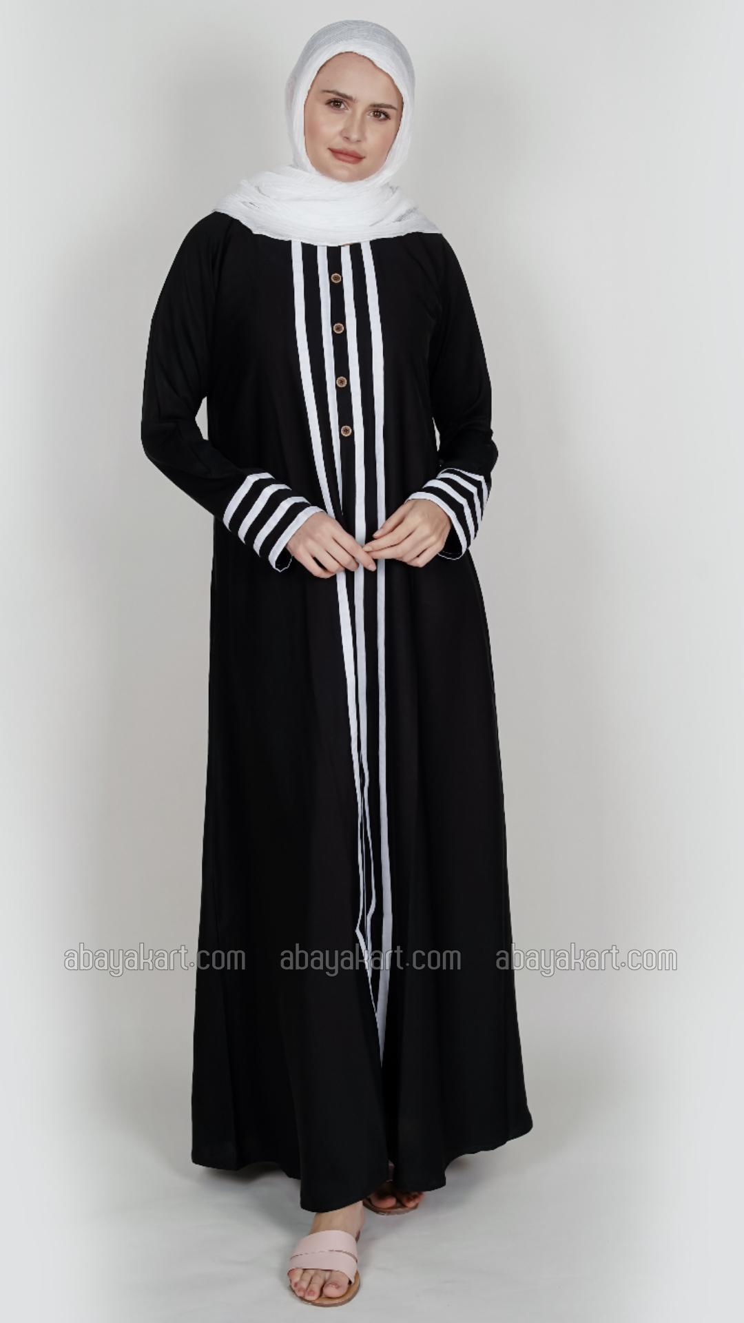 Bulk Nida Matte Abaya With White Band And Show Buttons In Black