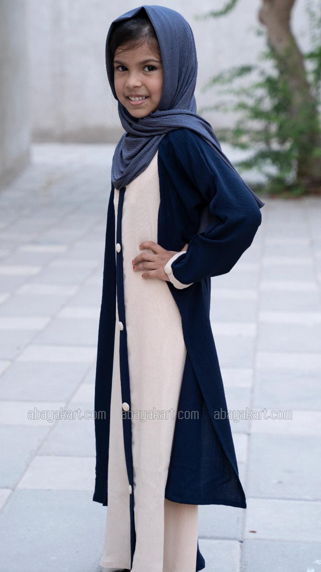 Bulk Shrug Abaya for Kids with Show Buttons on the Front in Navy Blue and Cream