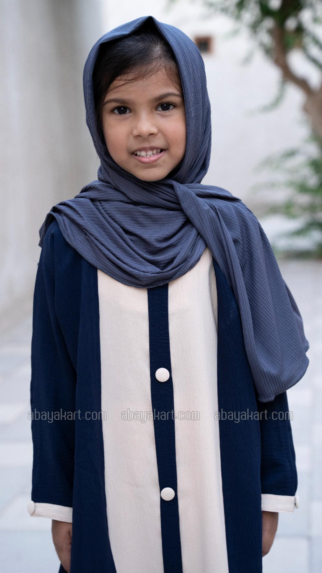 Bulk Shrug Abaya for Kids with Show Buttons on the Front in Navy Blue and Cream