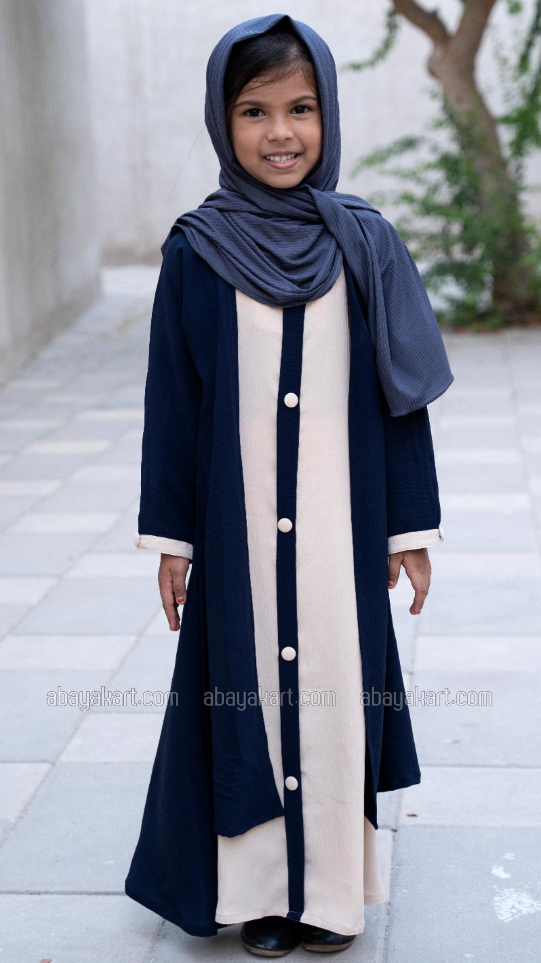 Bulk Shrug Abaya for Kids with Show Buttons on the Front in Navy Blue and Cream