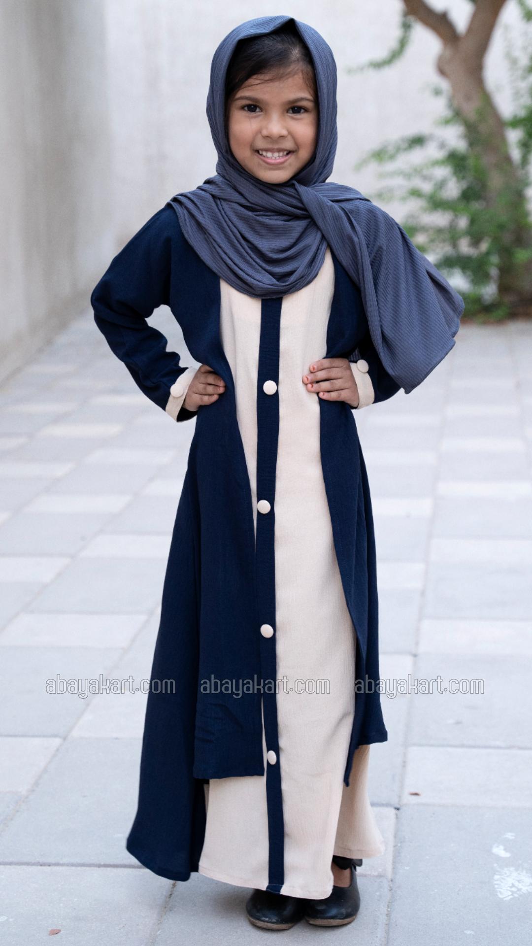 Bulk Shrug Abaya for Kids with Show Buttons on the Front in Navy Blue and Cream