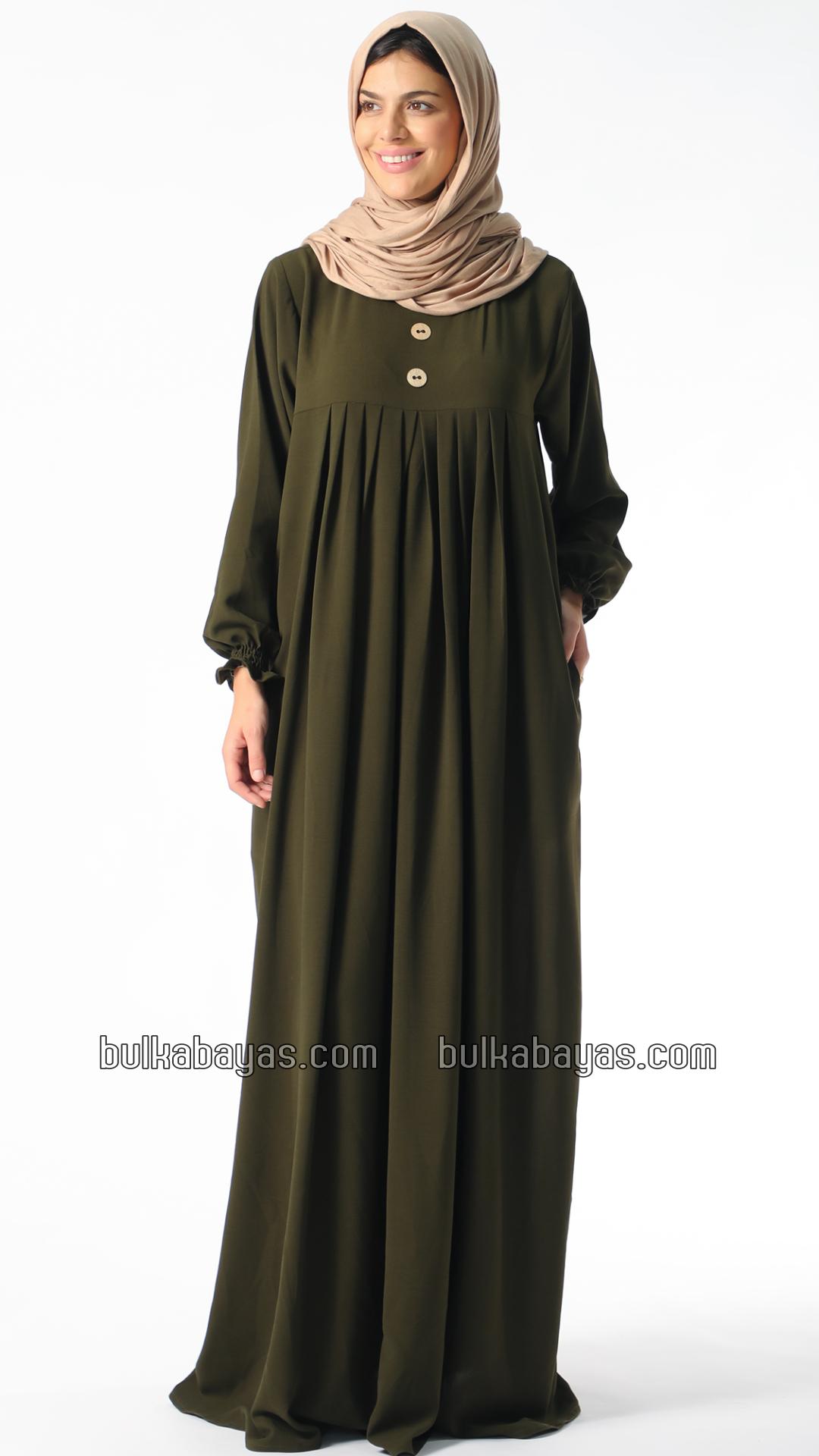 Bulk Gorgeous Pleated Abaya with Show Buttons in Olive