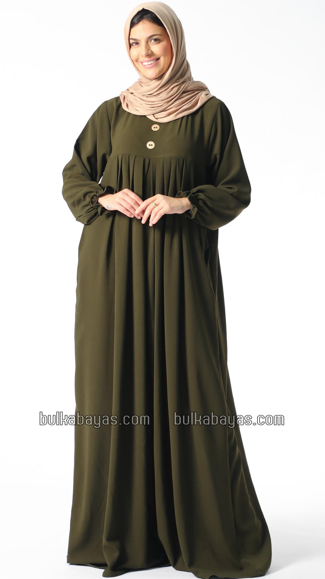 Bulk Gorgeous Pleated Abaya with Show Buttons in Olive