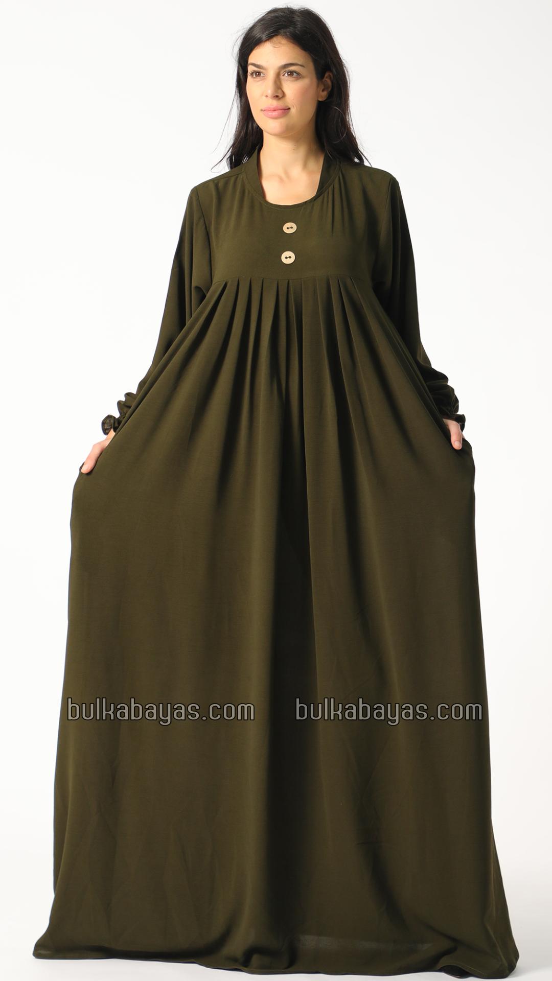 Bulk Gorgeous Pleated Abaya with Show Buttons in Olive