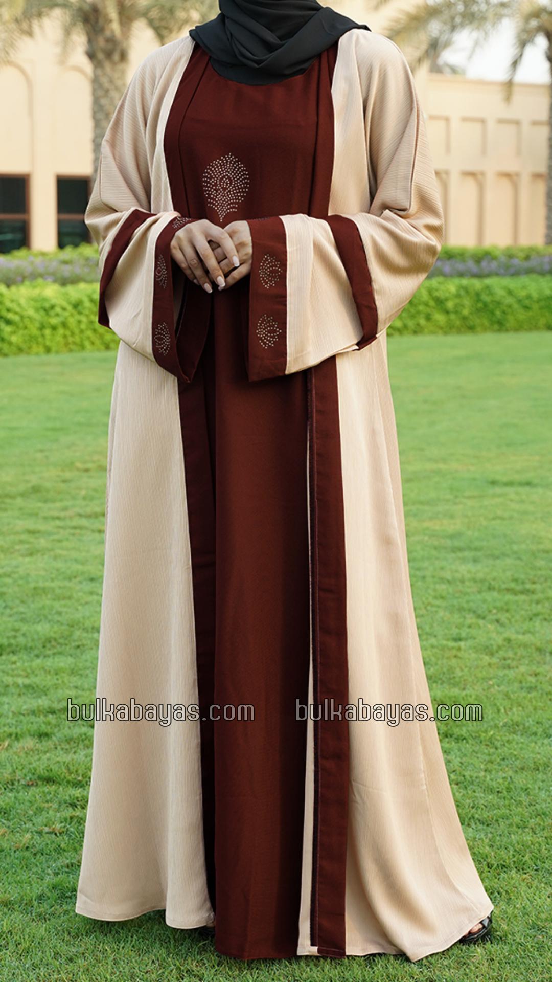Bulk Masha Crepe Dark Maroon Abaya With an Attached Cream Shrug In CEY