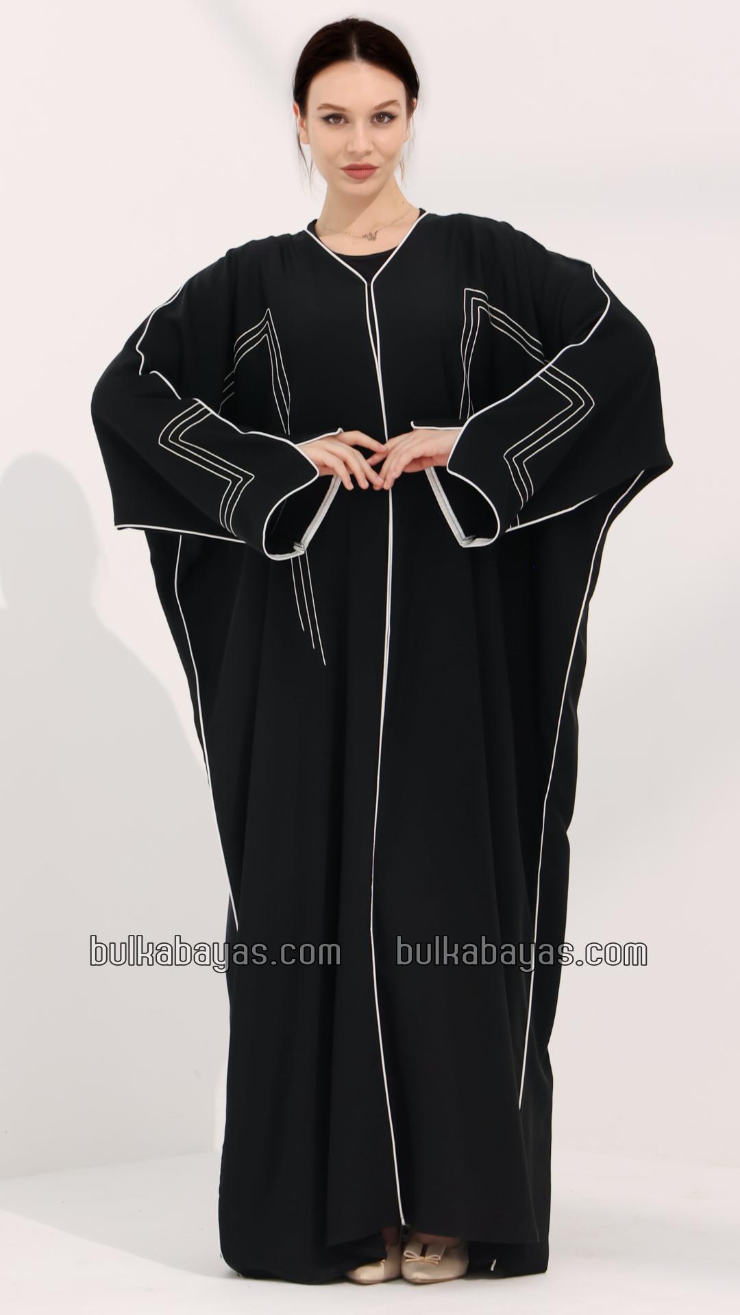 Bulk FrontOpen Abaya with Designed Stitching and White Piping on the Front and Sleeves