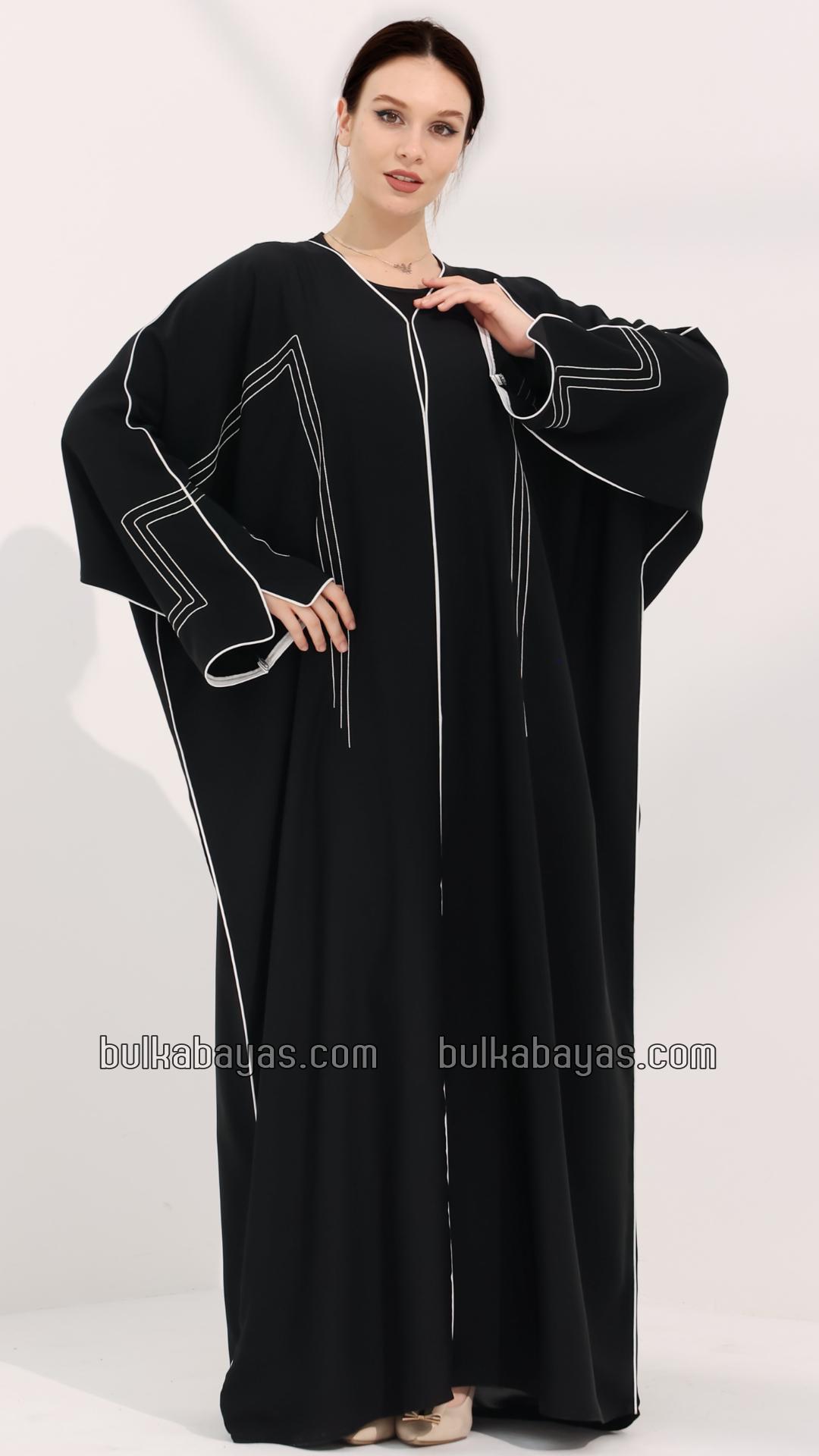 Bulk FrontOpen Abaya with Designed Stitching and White Piping on the Front and Sleeves