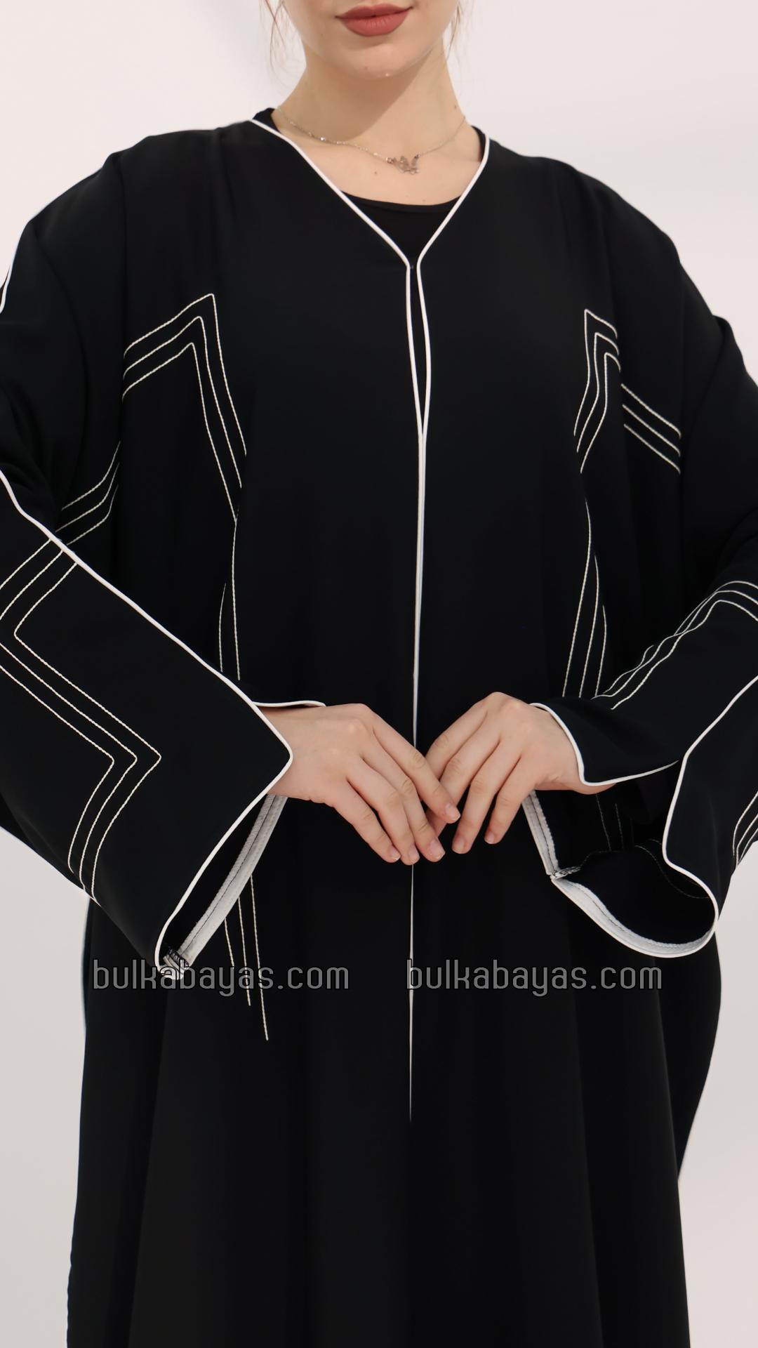 Bulk FrontOpen Abaya with Designed Stitching and White Piping on the Front and Sleeves