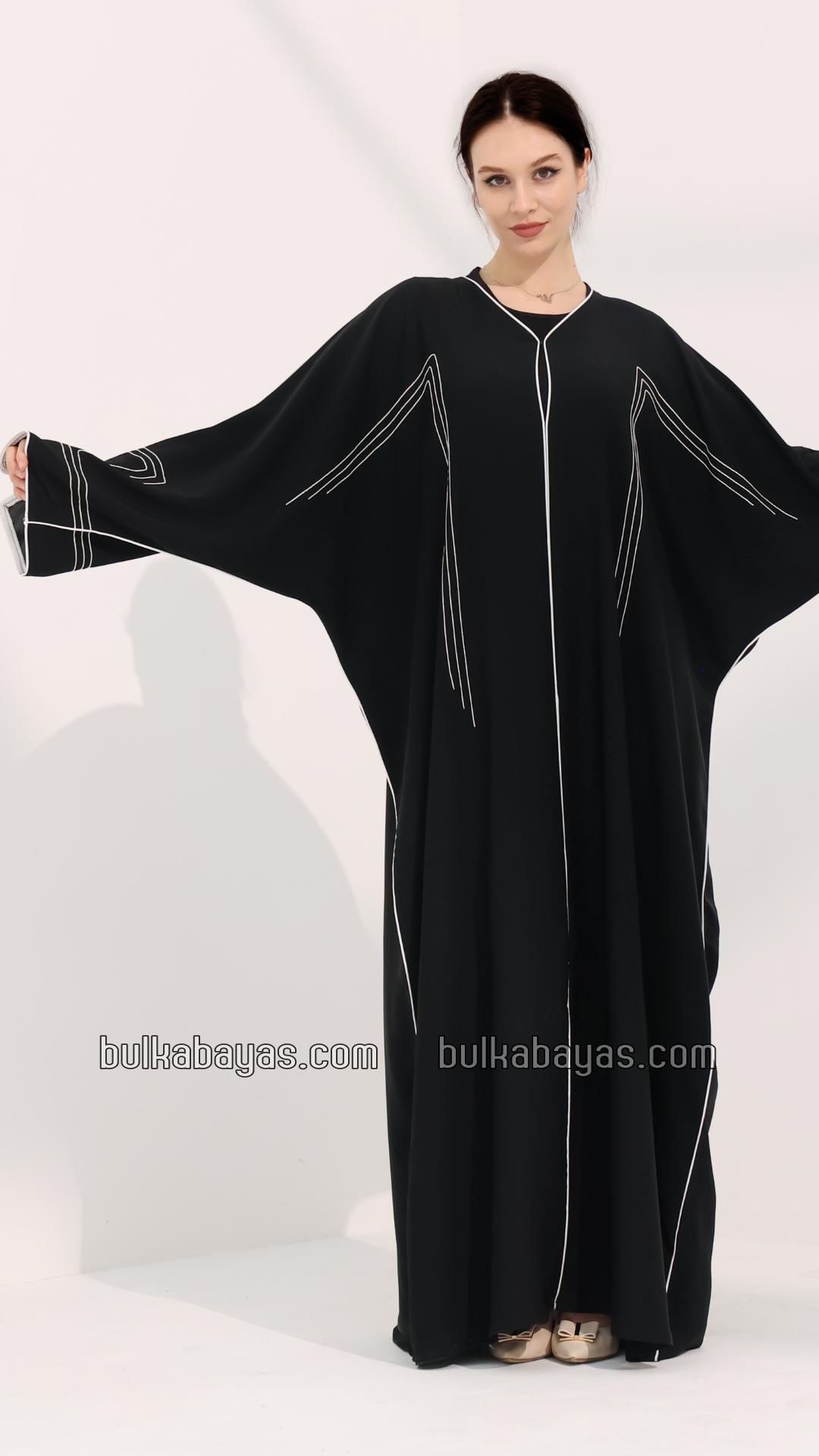 Bulk FrontOpen Abaya with Designed Stitching and White Piping on the Front and Sleeves