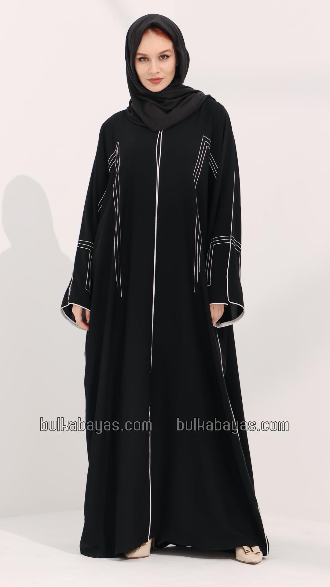 Bulk FrontOpen Abaya with Designed Stitching and White Piping on the Front and Sleeves