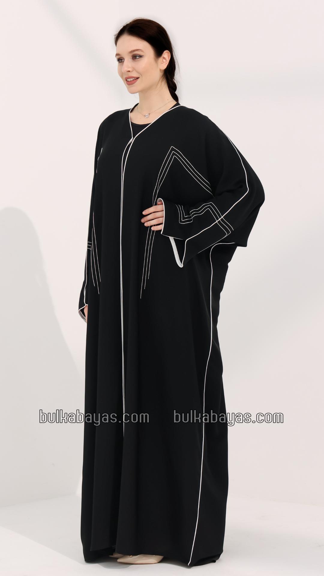 Bulk FrontOpen Abaya with Designed Stitching and White Piping on the Front and Sleeves
