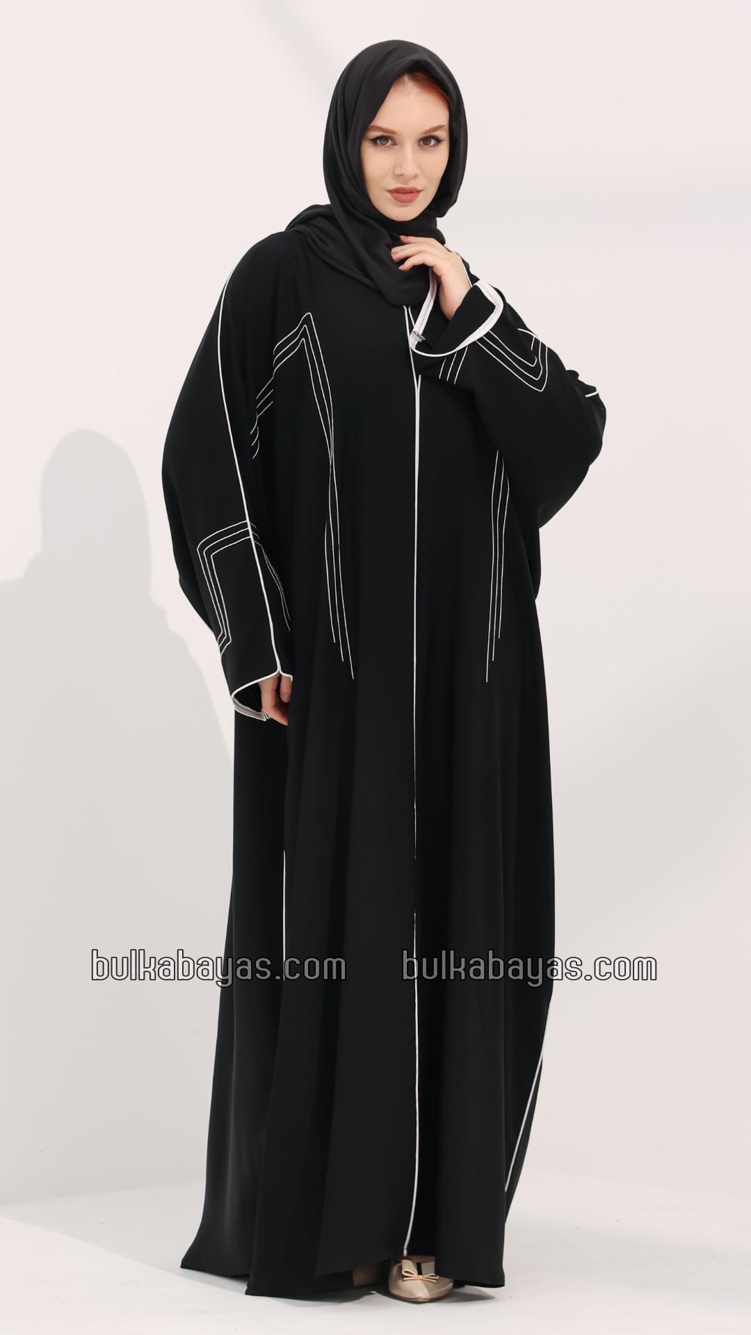 Bulk FrontOpen Abaya with Designed Stitching and White Piping on the Front and Sleeves