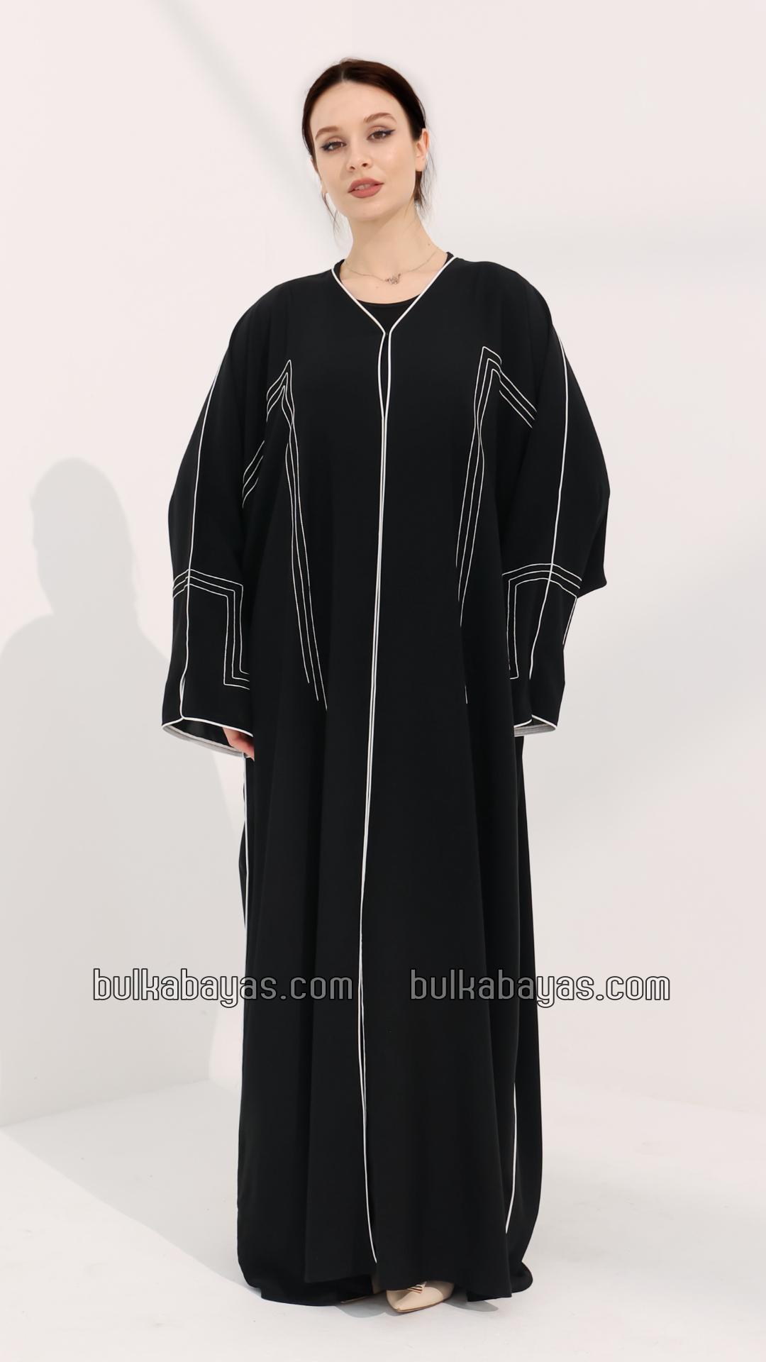 Bulk FrontOpen Abaya with Designed Stitching and White Piping on the Front and Sleeves