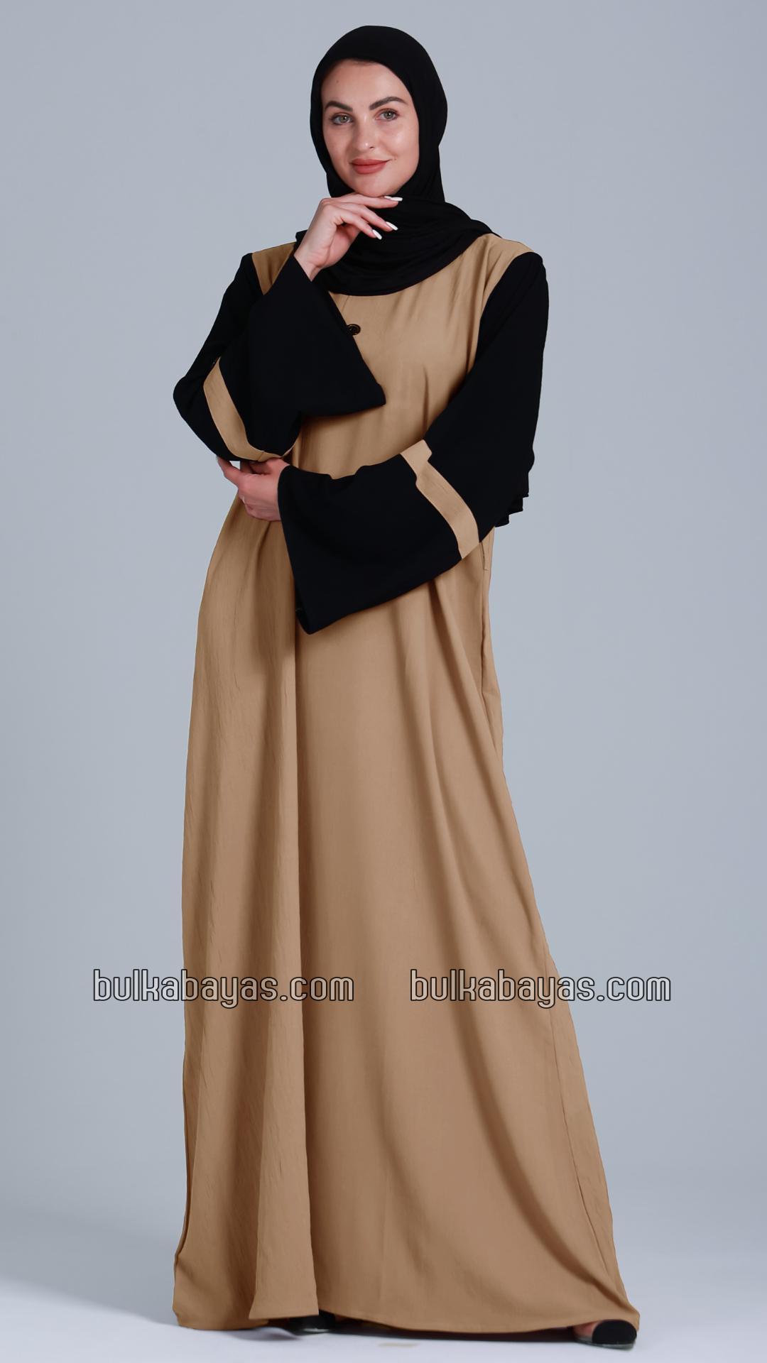 Bulk Abaya with Black Show Buttons on the Front in Beige