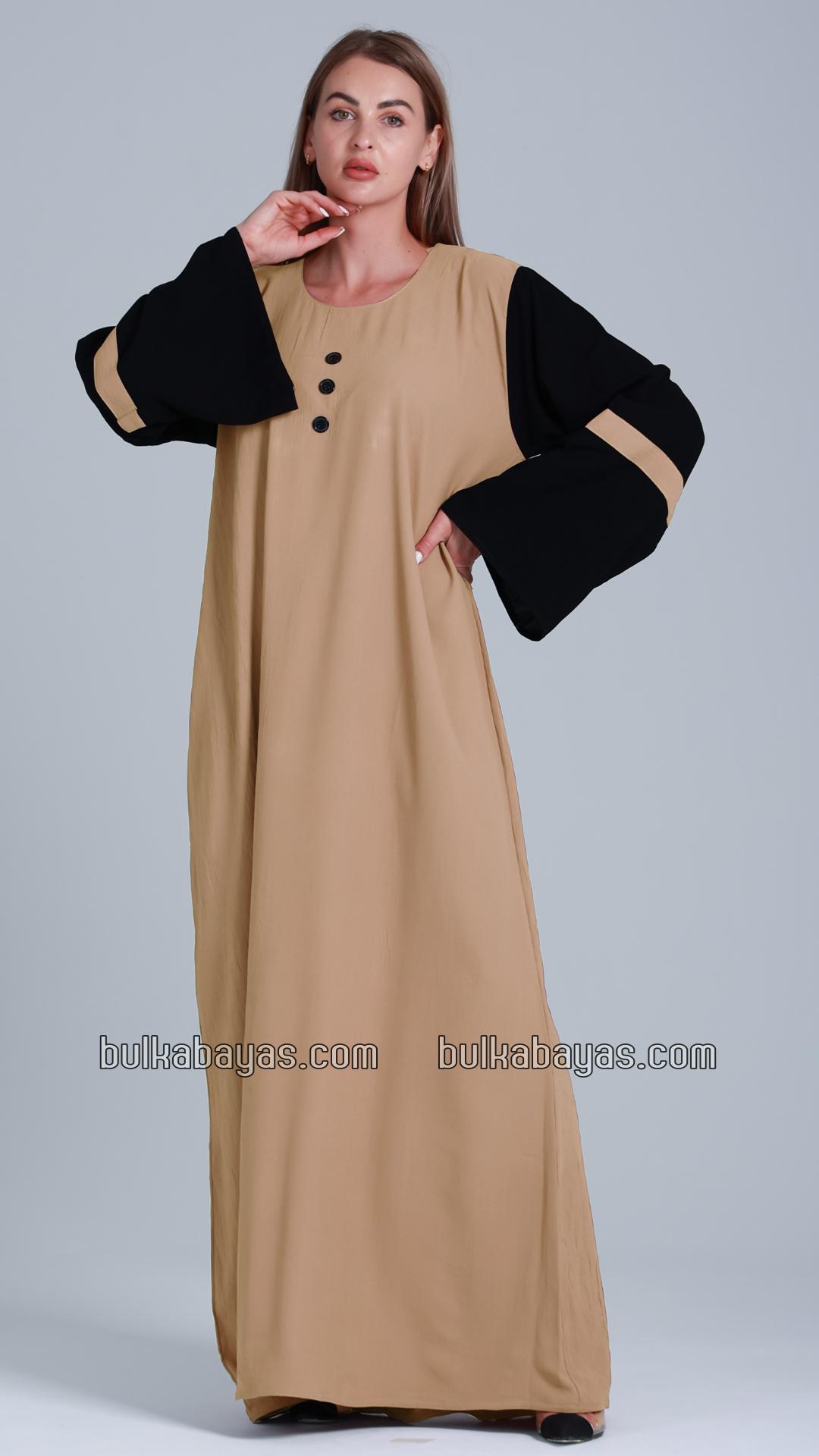 Bulk Abaya with Black Show Buttons on the Front in Beige