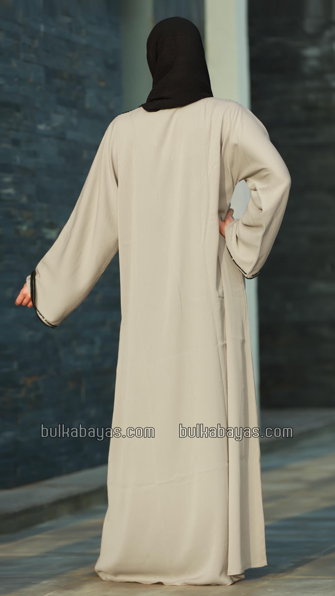Bulk Mesa Beige Gulf Zoom Abaya with Crystal Handwork and Piping on the Front and Sleeves