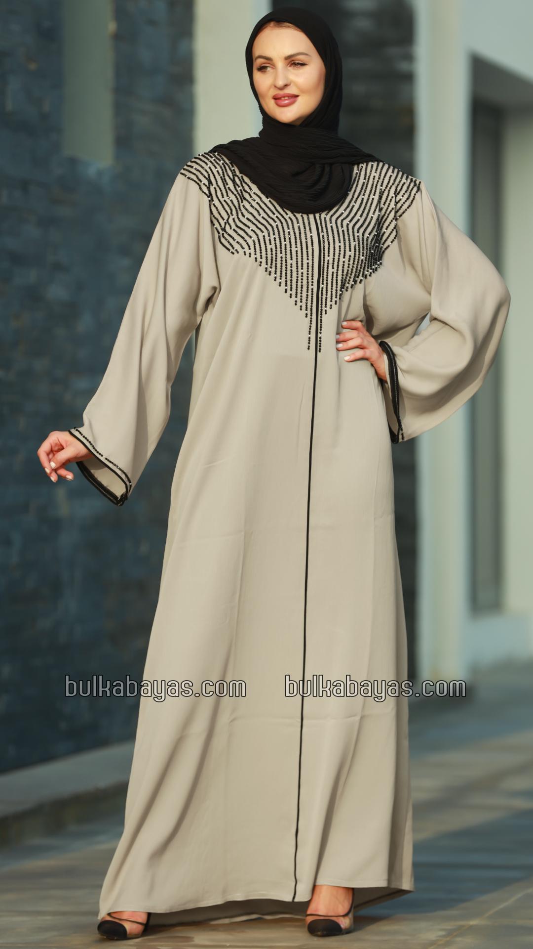 Bulk Mesa Beige Gulf Zoom Abaya with Crystal Handwork and Piping on the Front and Sleeves