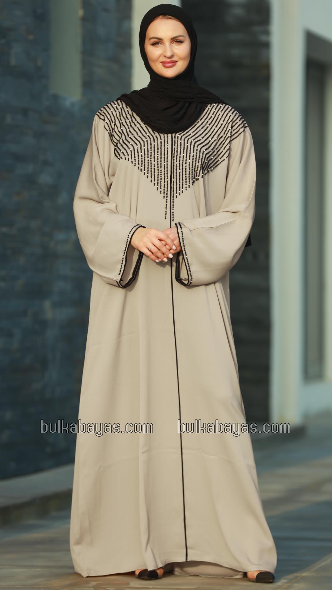 Bulk Mesa Beige Gulf Zoom Abaya with Crystal Handwork and Piping on the Front and Sleeves