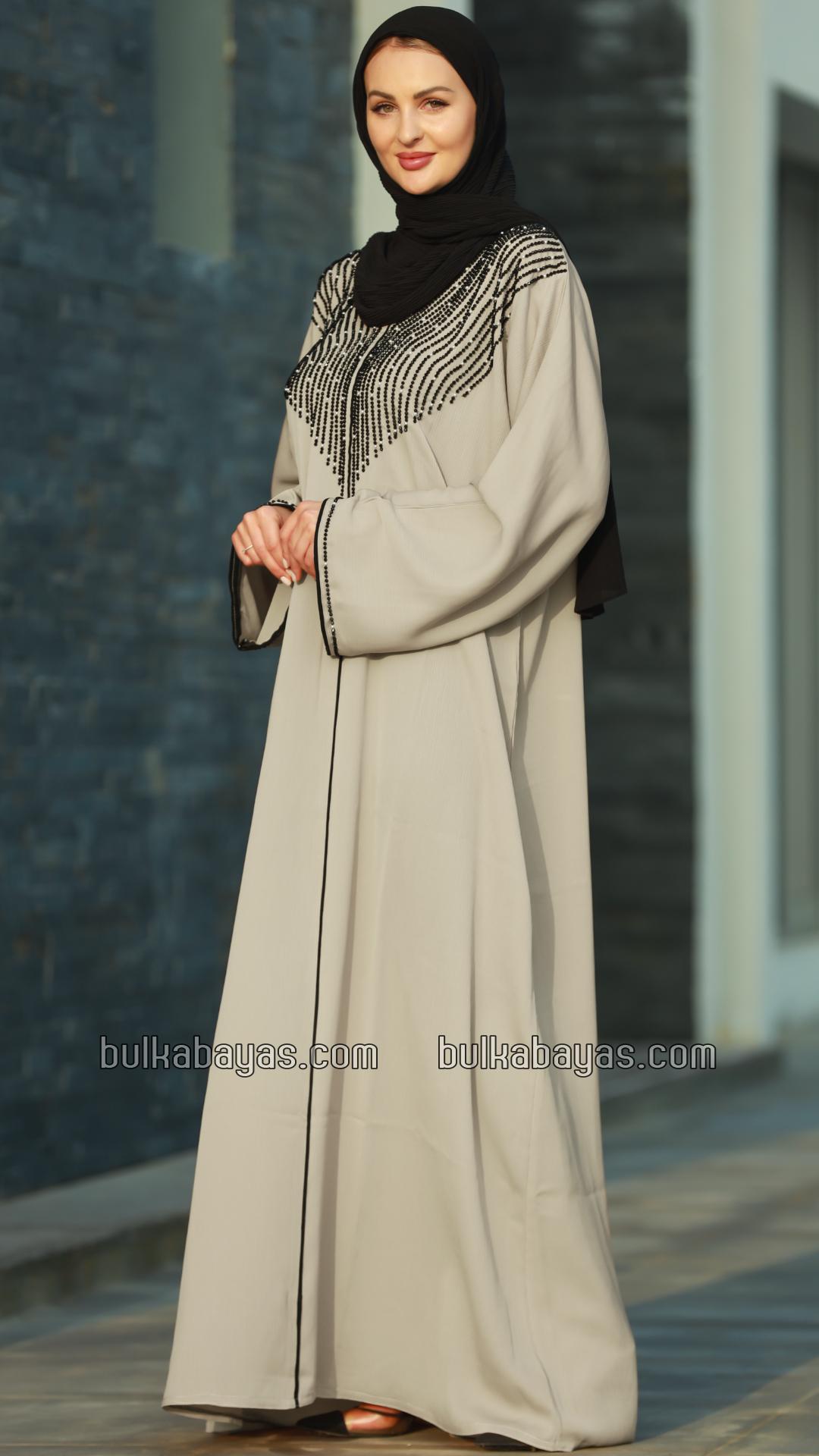 Bulk Mesa Beige Gulf Zoom Abaya with Crystal Handwork and Piping on the Front and Sleeves