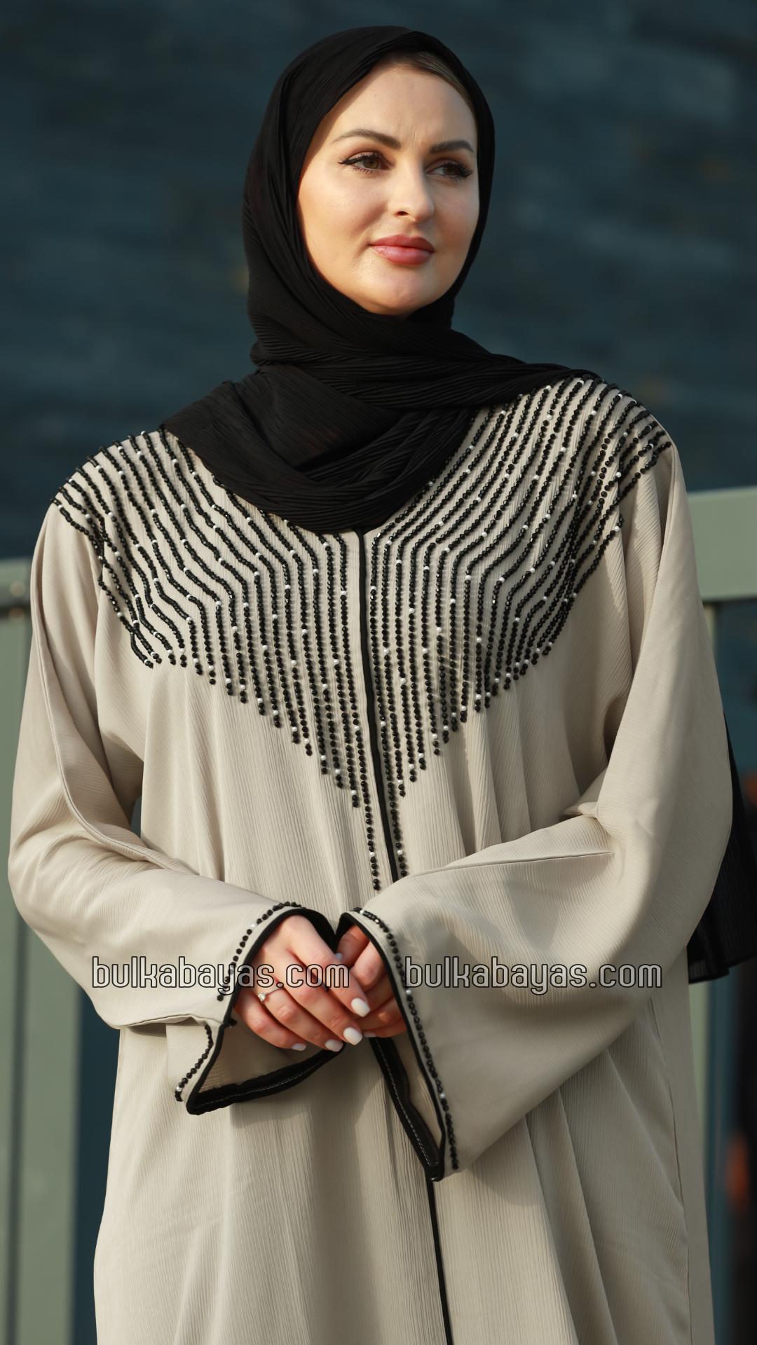 Bulk Mesa Beige Gulf Zoom Abaya with Crystal Handwork and Piping on the Front and Sleeves