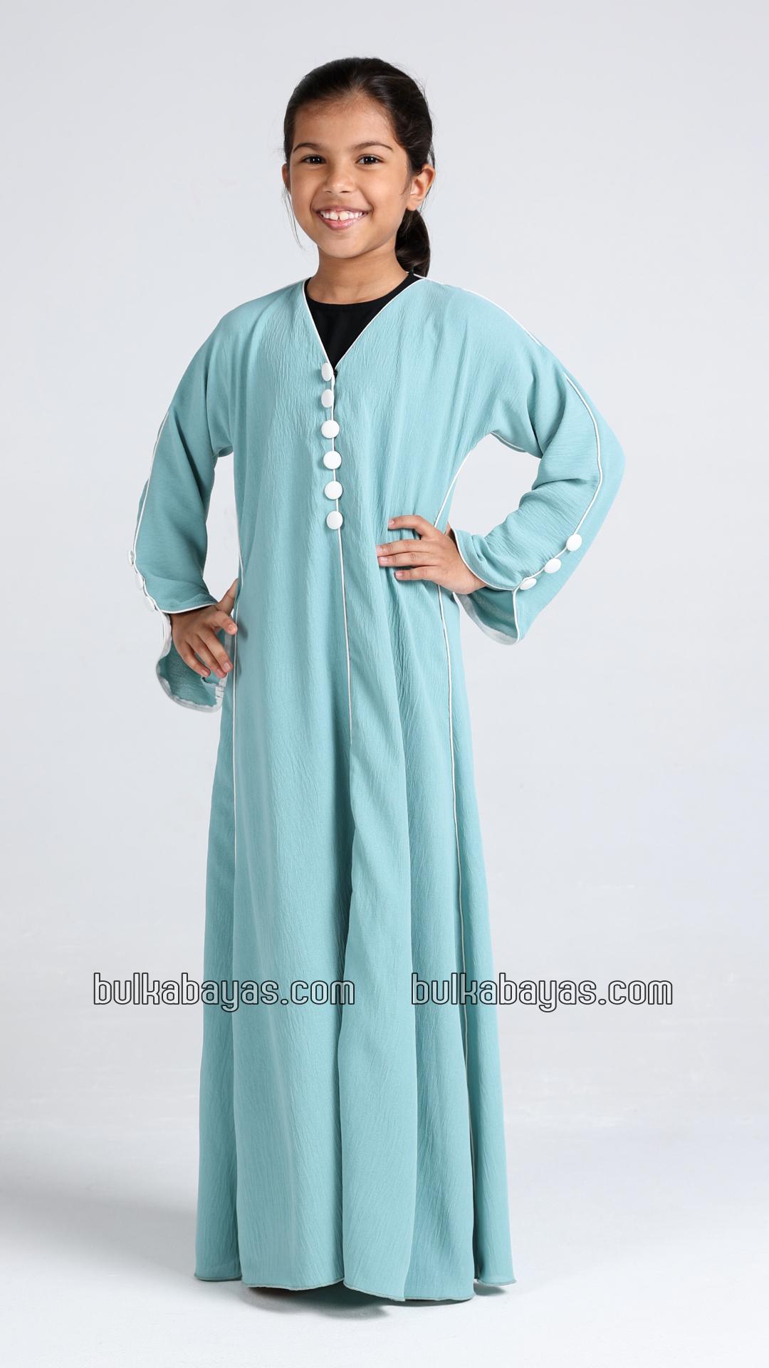 Bulk Kids Abaya with White Piping and Show Buttons on the Front and Sleeves 