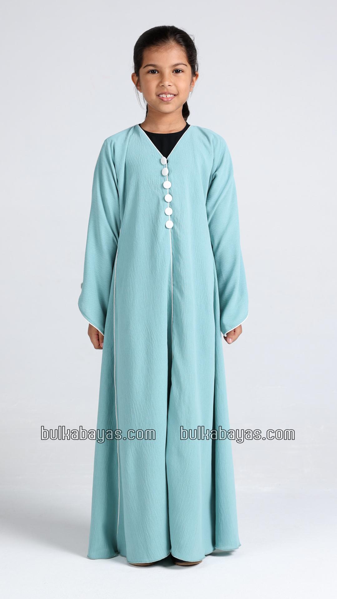 Bulk Kids Abaya with White Piping and Show Buttons on the Front and Sleeves 