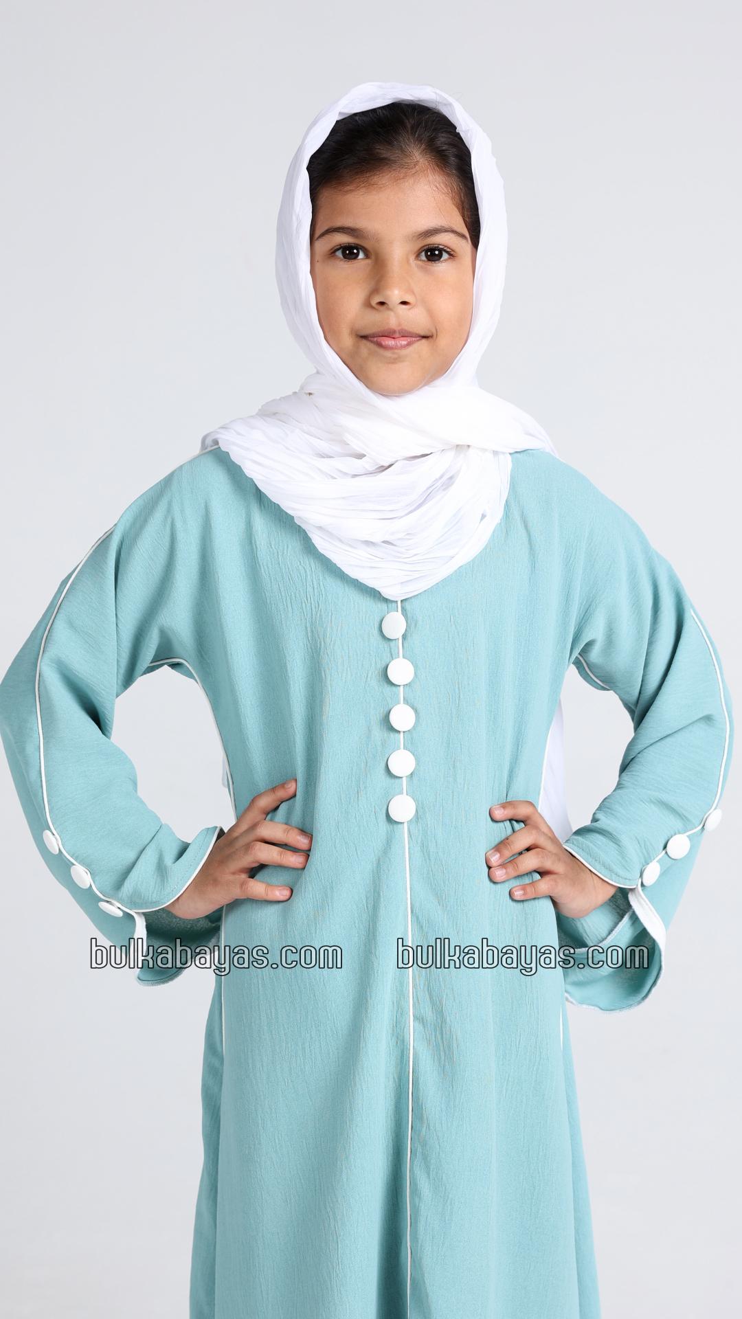 Bulk Kids Abaya with White Piping and Show Buttons on the Front and Sleeves 